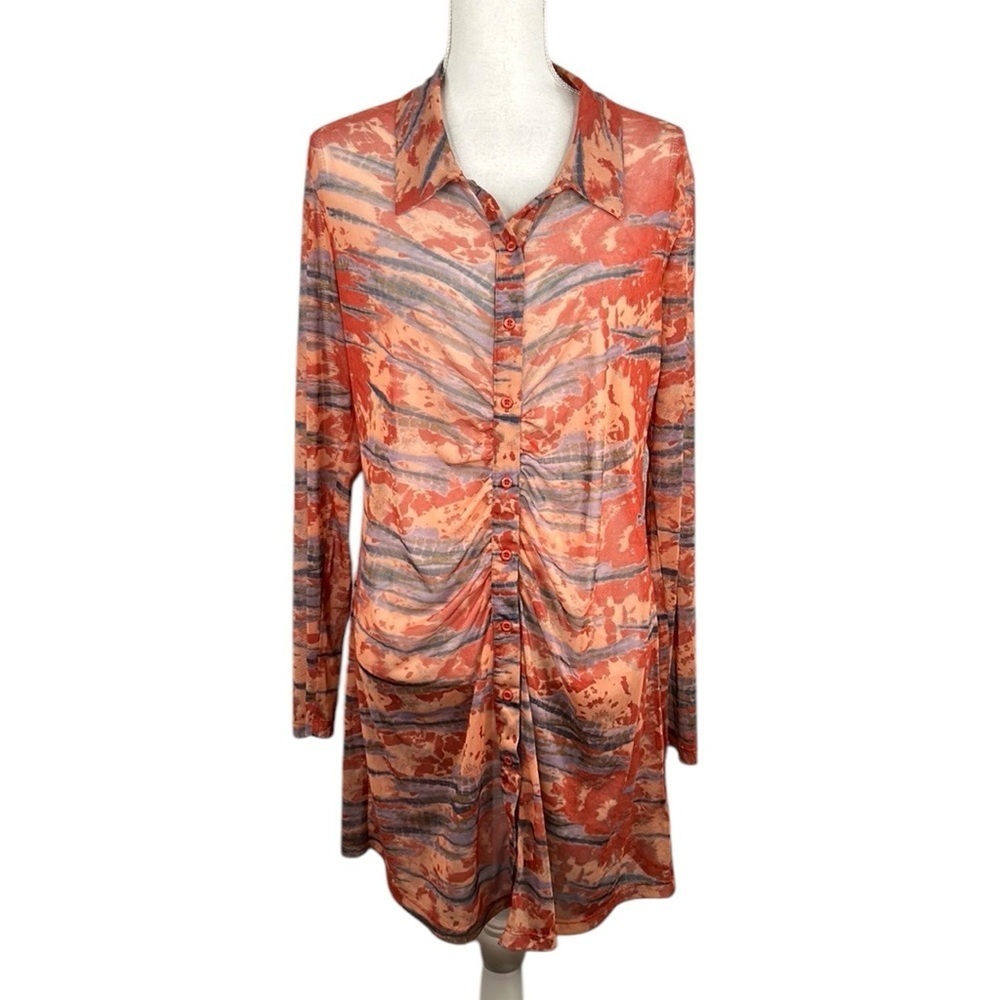Wild Fable Boho Rust & Brown Sheer Button Down Long Sleeve Dress Size Large